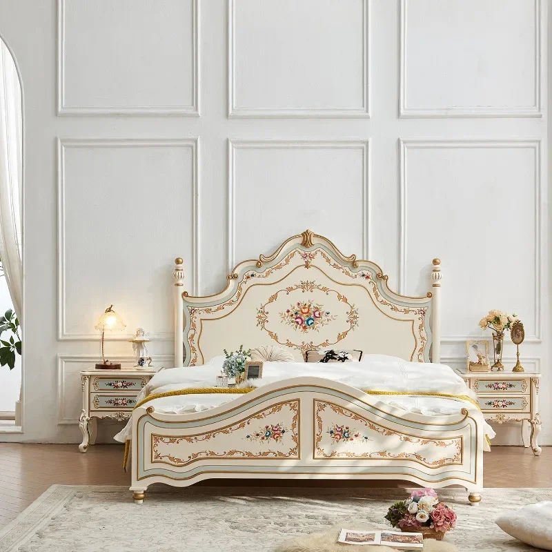 

AAAll из массива дерева 1,8 м, главная спальня, расписная цветочная комната для девочек, кремовый стиль, европейская дворцовая вилла, двуспальная свадебная кровать