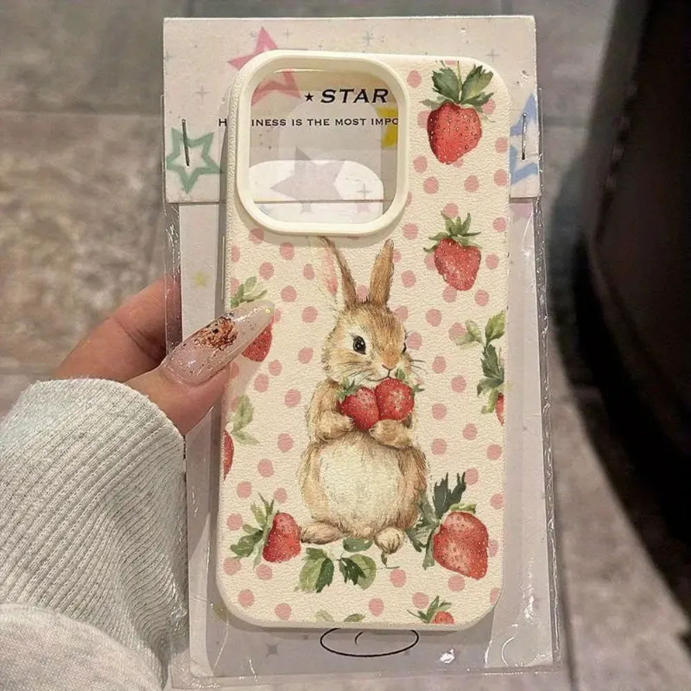 Cute Strawberry Rabbit Lychee Texture Phone Case For iPhone 17 16 15 14 13 12 11 Pro Max Plus 17 Air X XS XR 16E Soft Cover
