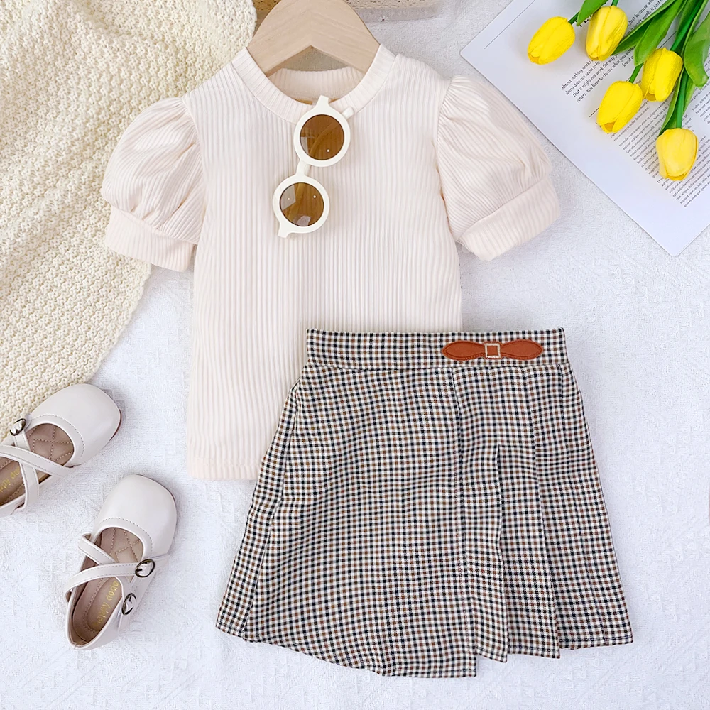 

Summer Baby Girl's Casual Clothing Set Bubble Sleeved Short Sleeved Top+checkered Short Skirt Two Piece Set