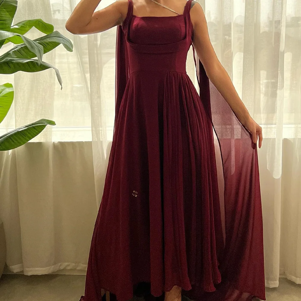 Classic Pleats Criss-Cross Watteau Train Evening Dresses Graceful Spaghetti Straps Square Neck Burgundy Party Gowns فساتين سهرة