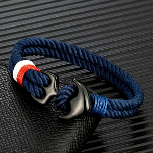 MKENDN Jangkar Gelang Pria Double Strand Nautical Surfer Tahan Air Tali Gelang Wanita Hitam Stainless Steel Olahraga Gesper 12 gelang bahari penjualan terbaik - №