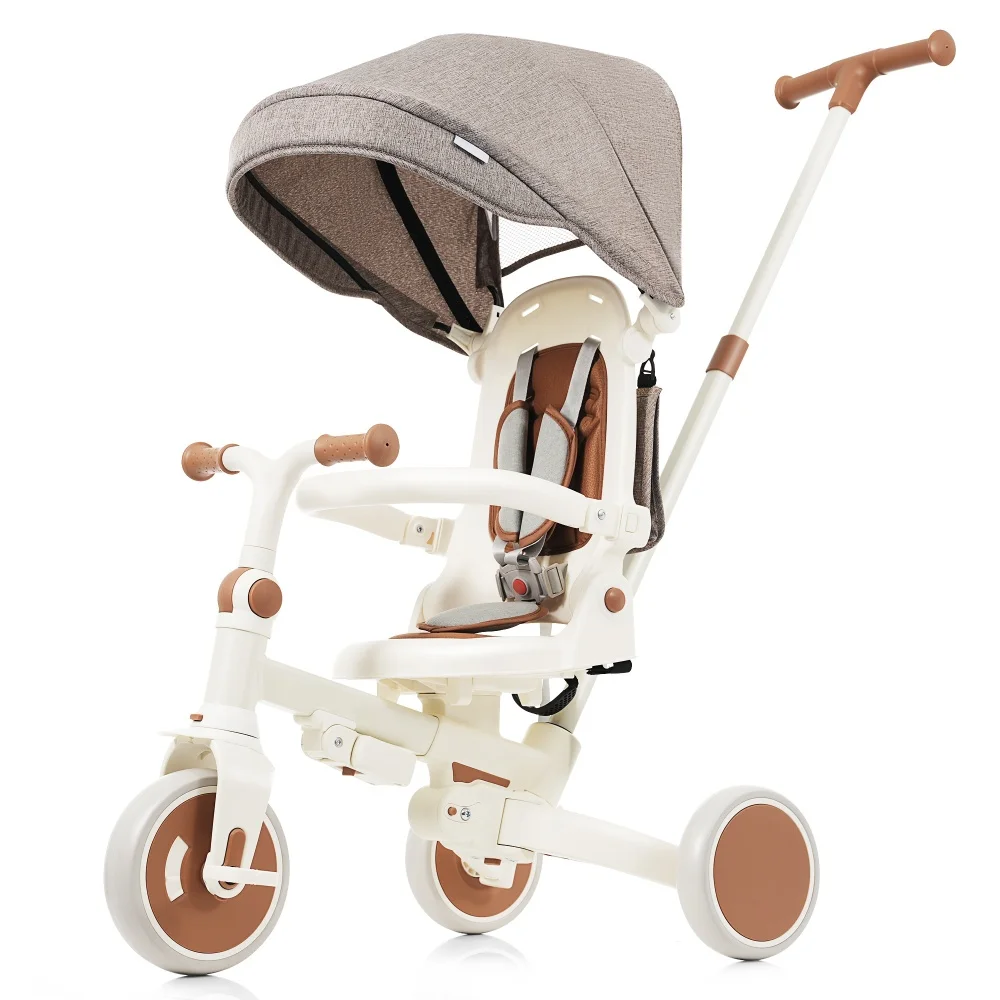 

7in1 Foldable Baby Trike w/ Removable Parent Handle, Pedal, Canopy, Guardrail |12-72M|Ivory&Brown