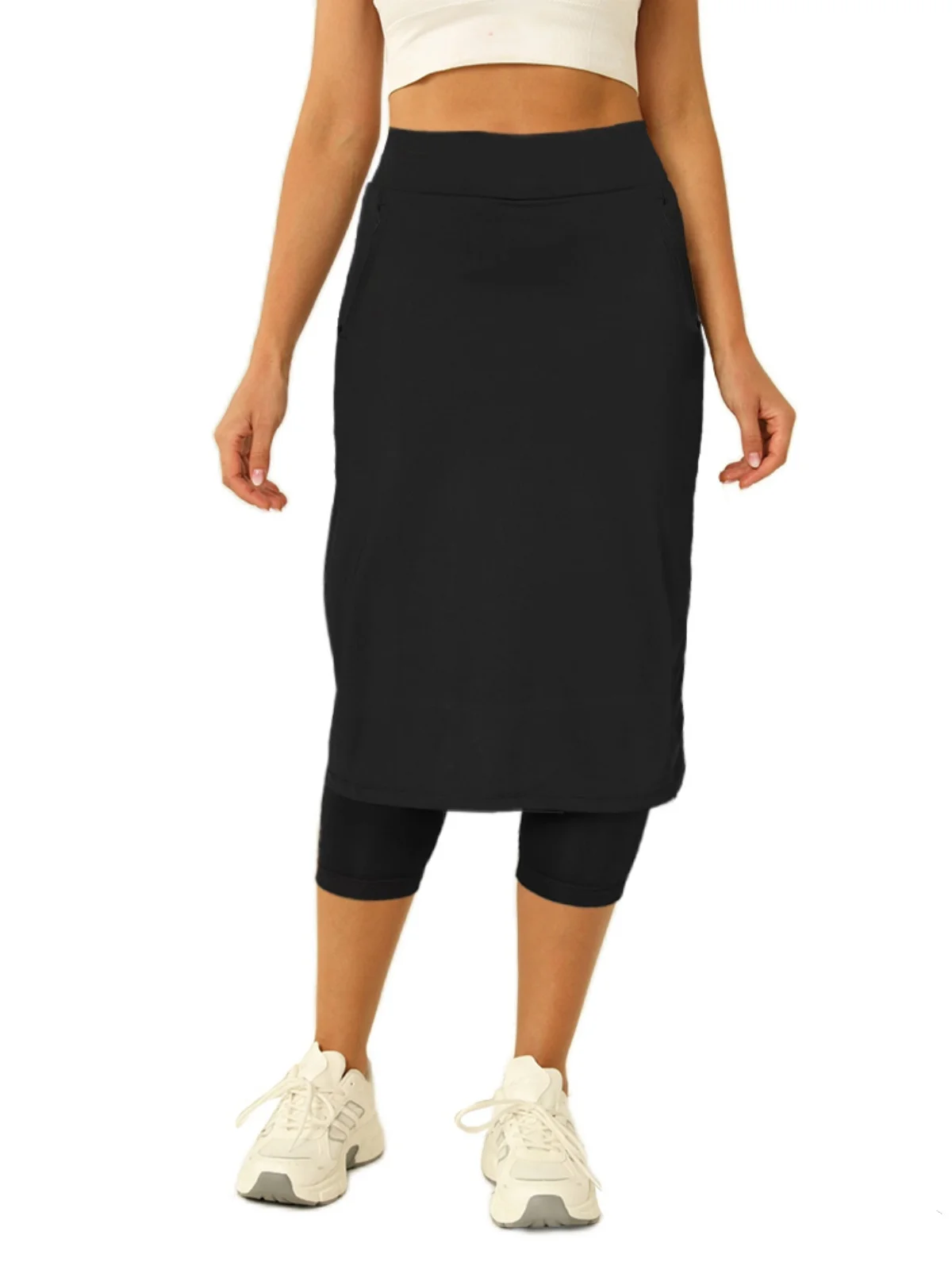 Solid Color Womens Tennis Skirt with Capris Leggings Golf Knee Length Skirt Sporty Style High Waist Long Skirts with Pockets