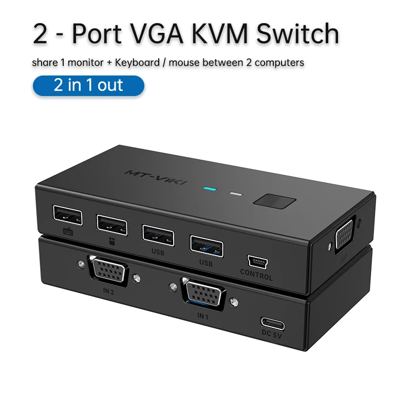 

MT-VIKI 2-портовый KVM-переключатель VGA 2 коробки совместного использования компьютера для монитора, клавиатуры, мыши, 2 в 1, USB-переключатель VGA для ПК MT-KV2