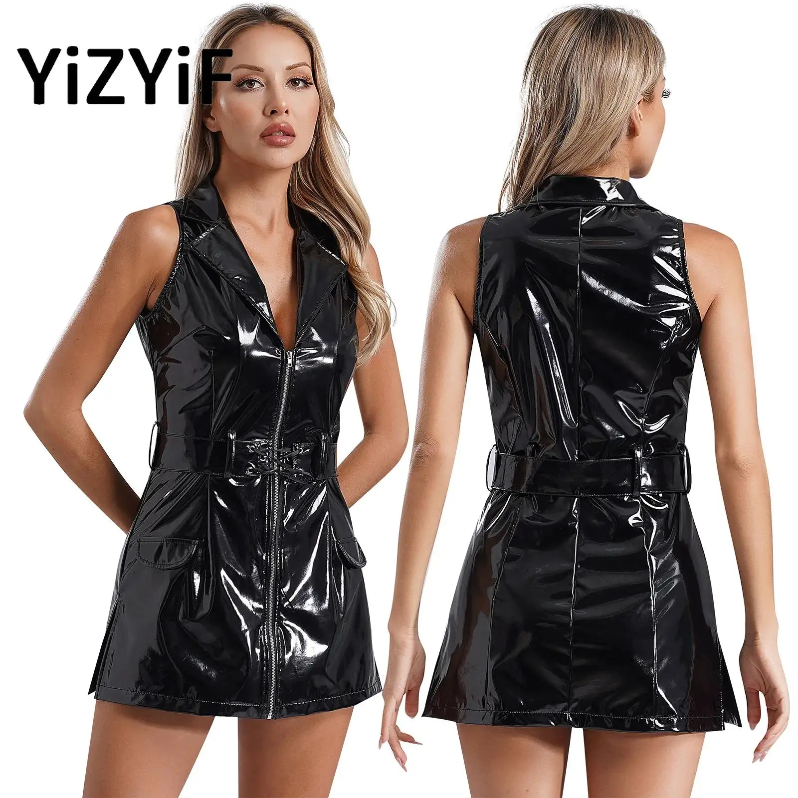 

Women Sexy Shiny Tank Leather Dress Glossy Latex Sheath Bag Hip Skirt Sleeveless Bodycon Erotic Latex Mini Skirt Rave Clubwear