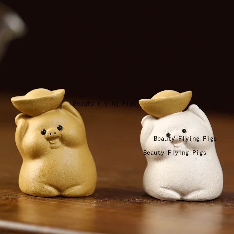 

Purple clay zodiac pig figurines handmade cartoon cute animal tea pet crafts Tea set accessories
