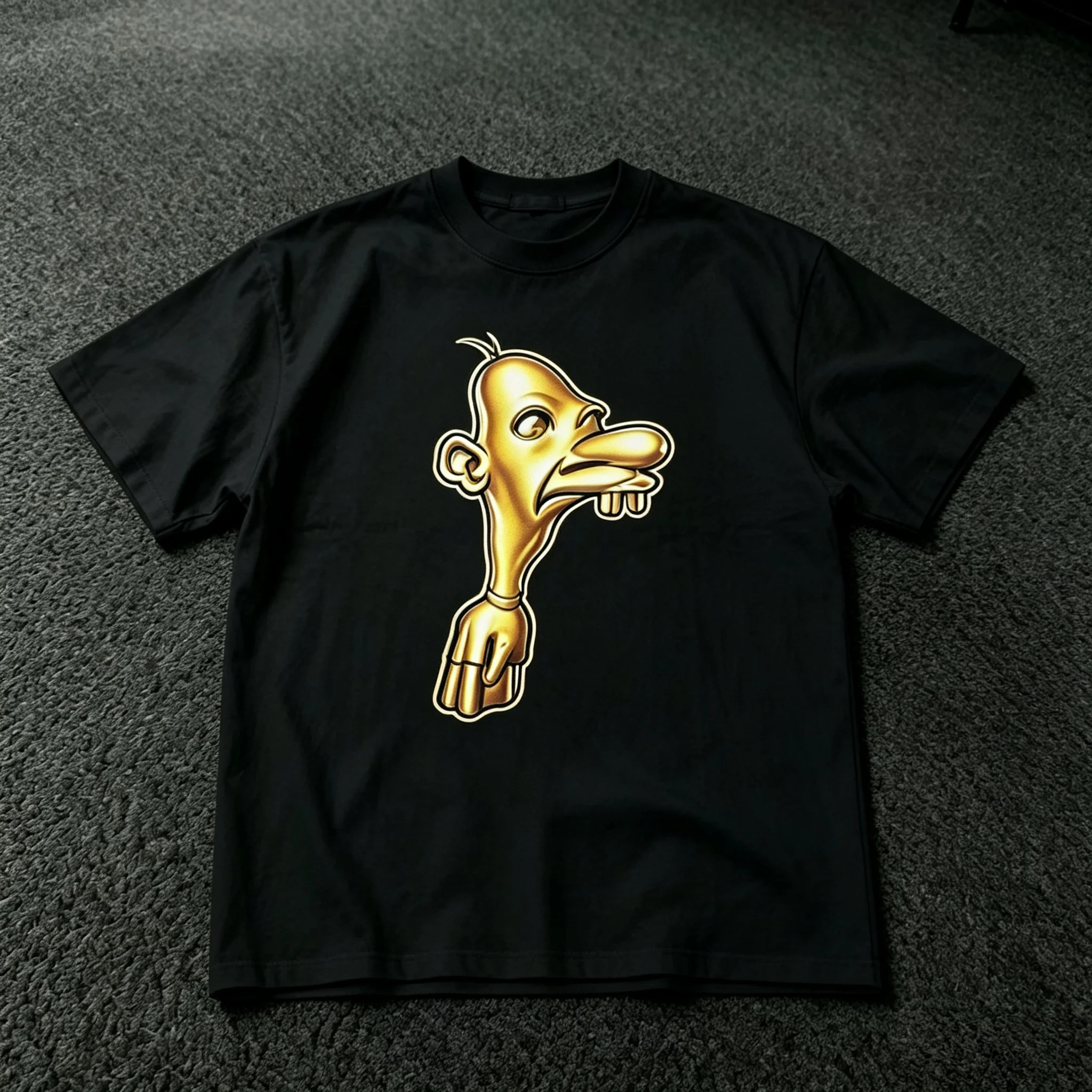 Golden Weird Cartoon Character T‑Shirt Metallic Gold Surreal Figure Retro Street Art Graphic Hip Hop Urban Streetwear Unisex Cotton Short Sleeve Tops for Men Women