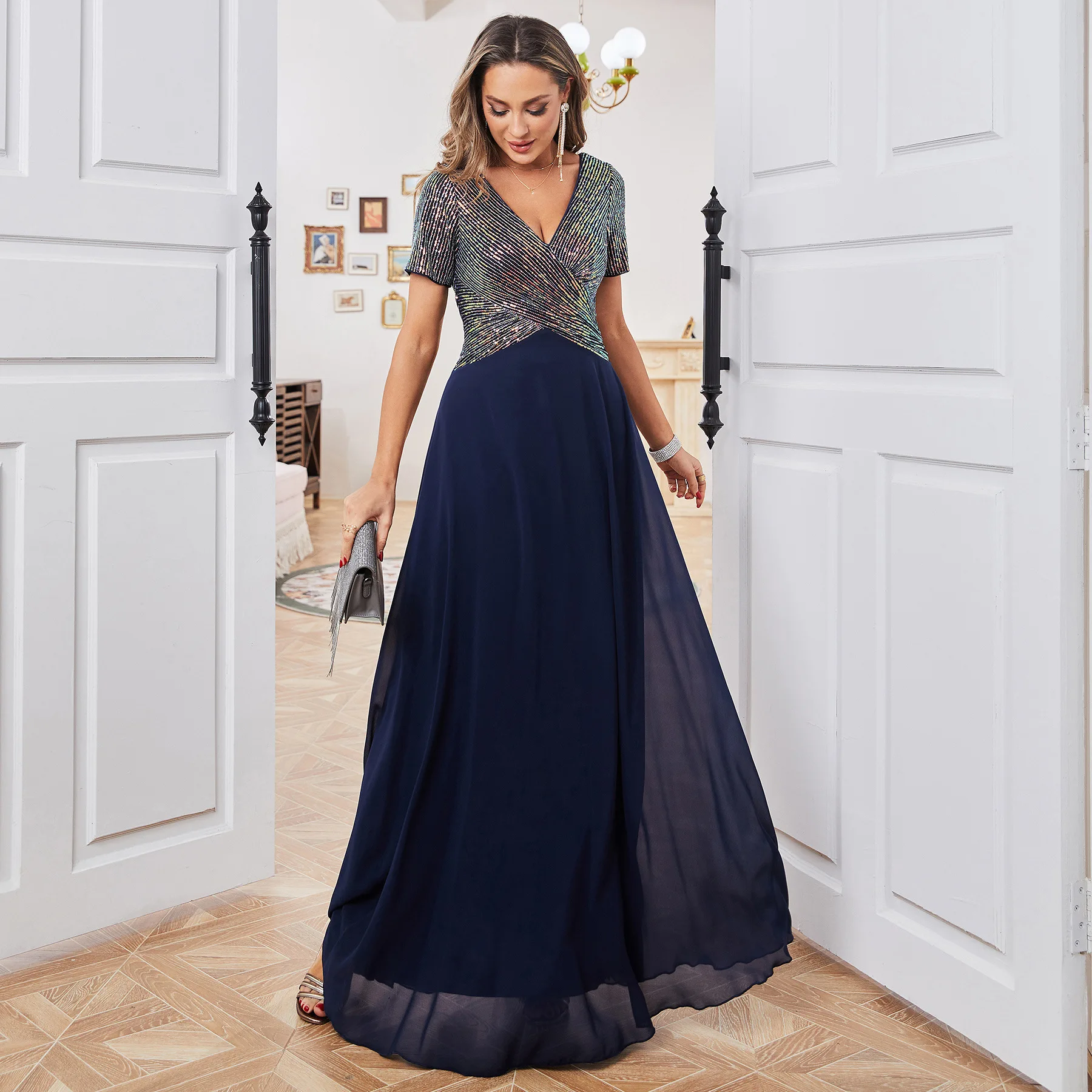 Ele ort sve vestido de noite nova chegada verão cross-border feminino dr cintura alta tecido de veludo profundo v-ne vestido