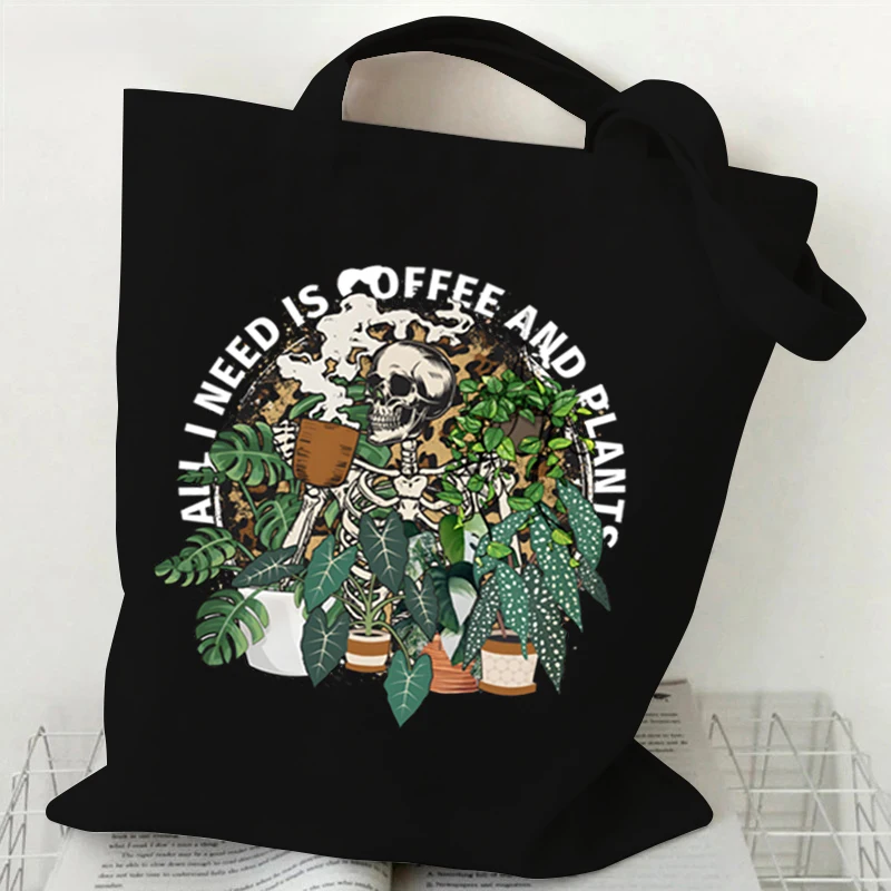 Crazy Plants Canvas Tote Bag Women Vintage Skull Handbag I Need Is Coffee and Plants Print Tote Bag Skeleton Plants Shoulder Bag