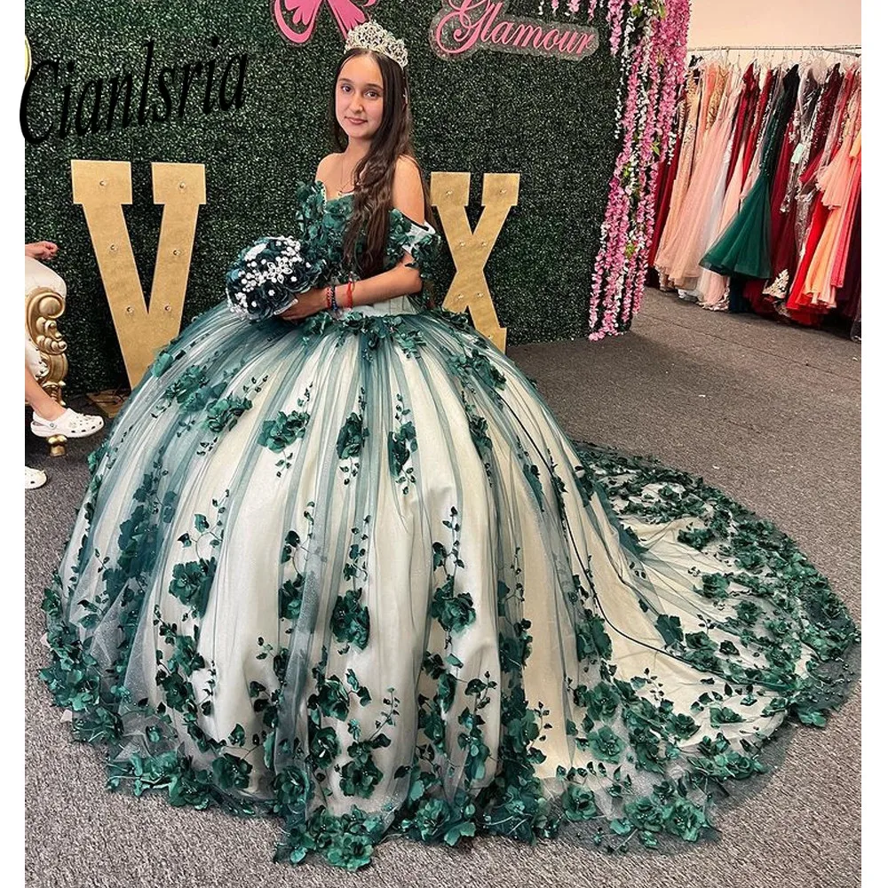 Green Flowers Quincenera Birthday Gowns Ball Gown Appliqued Party Robe De Soiree Celebrity 15 Ans Vestidos Fiesta Plus