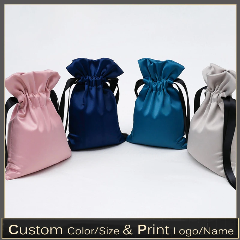 

Custom Logo Satin Drawstring Bag Shoes HandBag Travel Storage Pocket Multicolor Packaging Jewelry Cosmetic Hair Pouch Print 50p