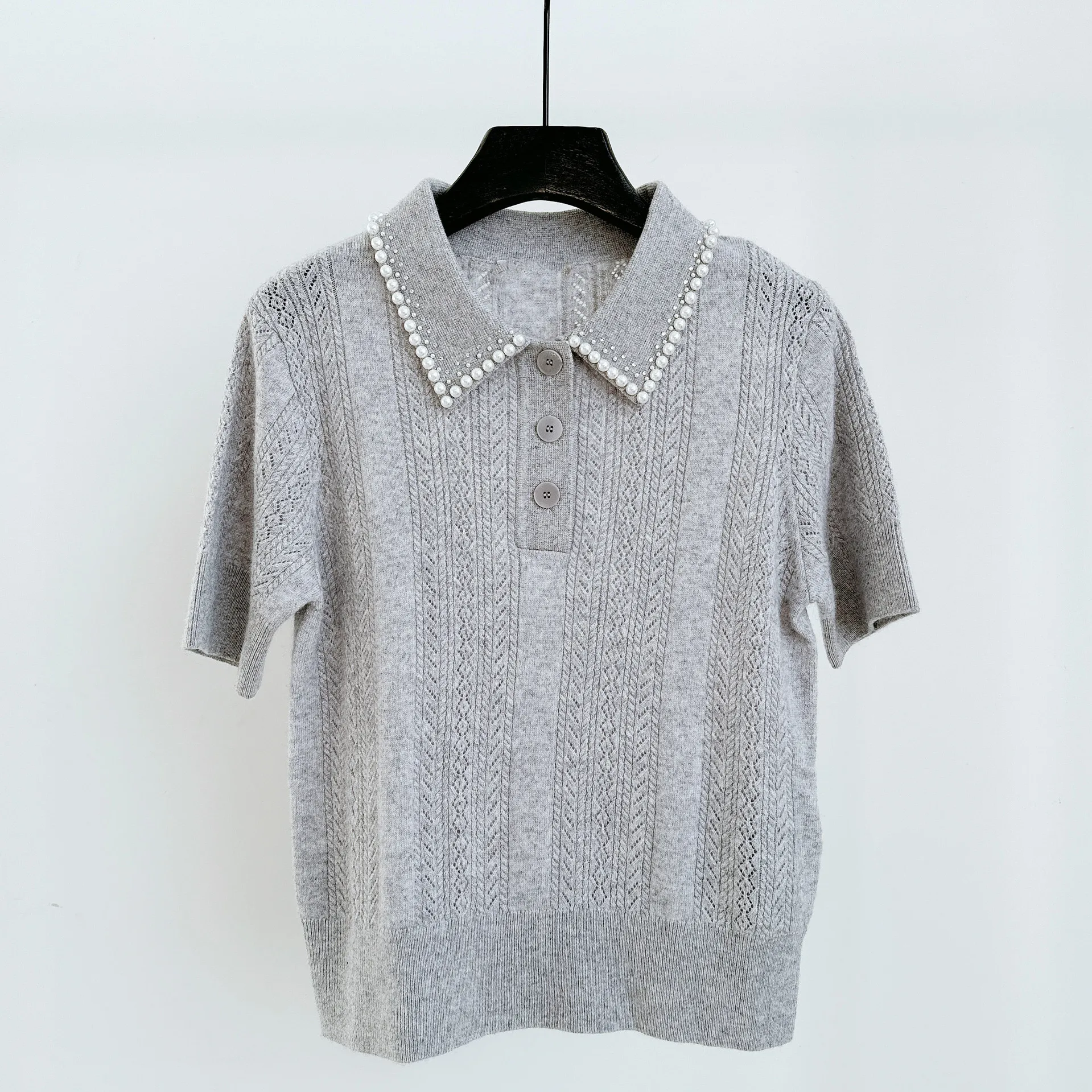 camiseta-de-manga-corta-con-solapa-de-diamantes-para-mujer-camiseta-de-punto-gris-primavera-y-verano-2024