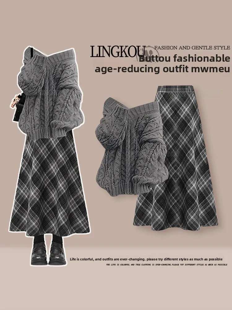

Потрясающий осенний вязаный свитер большого размера и клетчатая юбка с высокой талией, комплект V Ne из двух предметов, повседневный женский ансамбль Faion