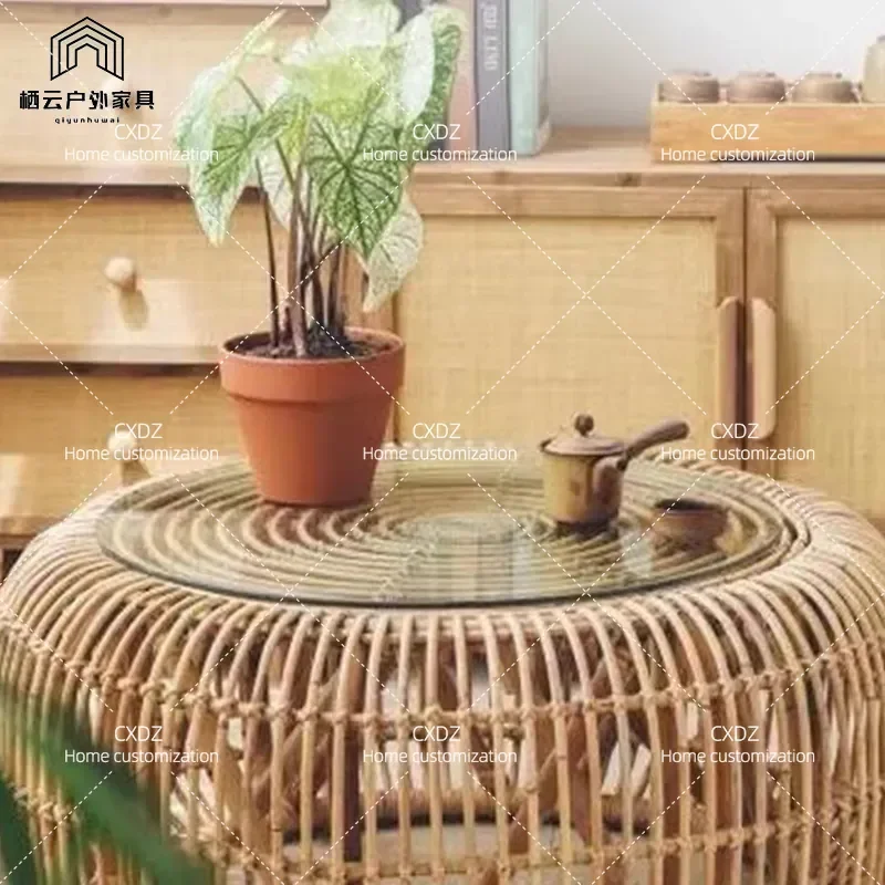 Modern Retro Round Woven Small Coffee Table Simple Creative Living Room Home Decor Accent Side Table