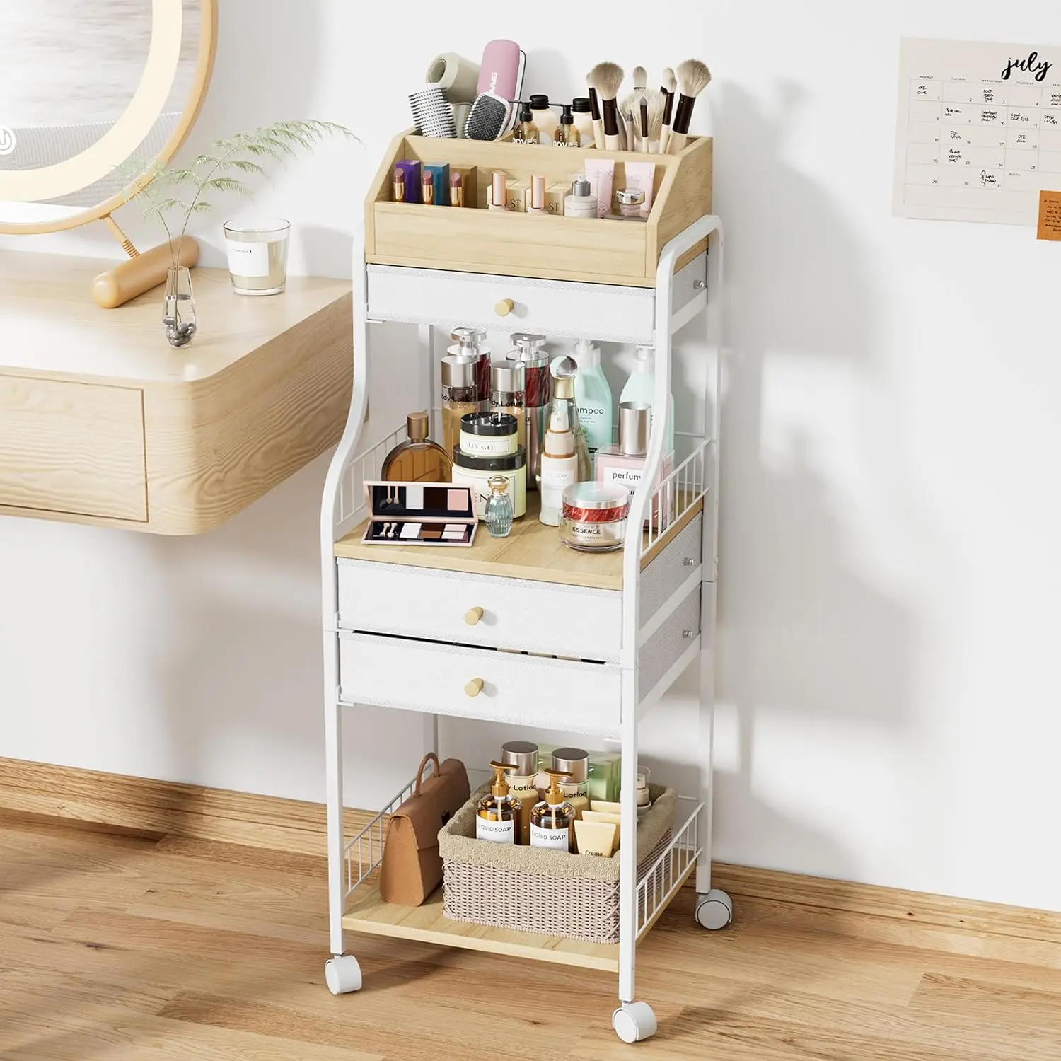 

Передвижная тележка-органайзер для косметики с колесами и выдвижными ящиками для хранения средств по уходу за кожей, косметики и инструментов для волос