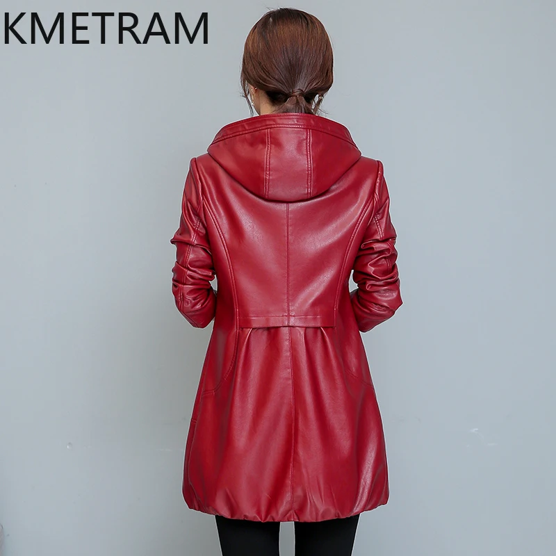 KMETRAM-Chaqueta de piel de oveja auténtica para mujer, abrigo largo medio con capucha, ajustado, coreano, Primavera, 2024