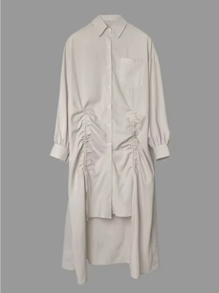 Krisstarsgirls Women's Chic Drawstring Long Sleeves Shirts Midi Dress Summer Fall 2025 High-low Lapel Gray Urban Dresses Ladies