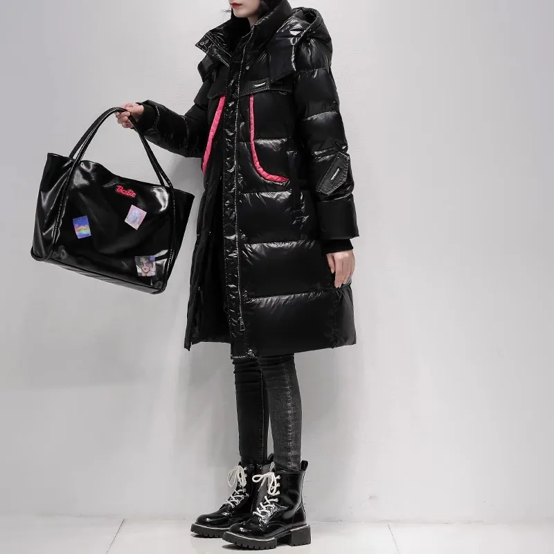 Black Glossy Down Jacket Women's Winter 2025 New Korean version Loose White Duck down Thicken Coat Female Long Parka Overcoat