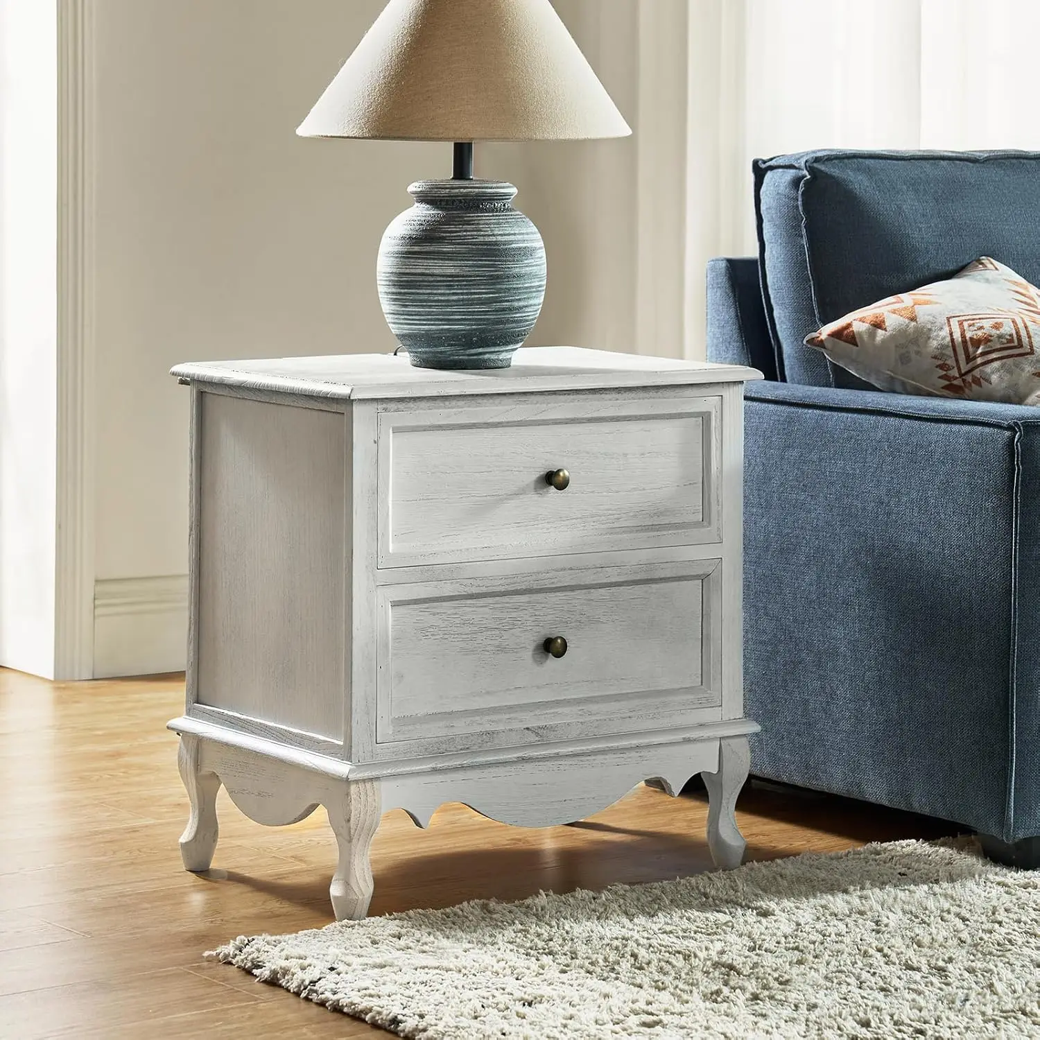 

Solid Wood End Table with Charging Station Space, Vintage Endtable with Wood Legs and 2 Drawers, French Side Table, Customized