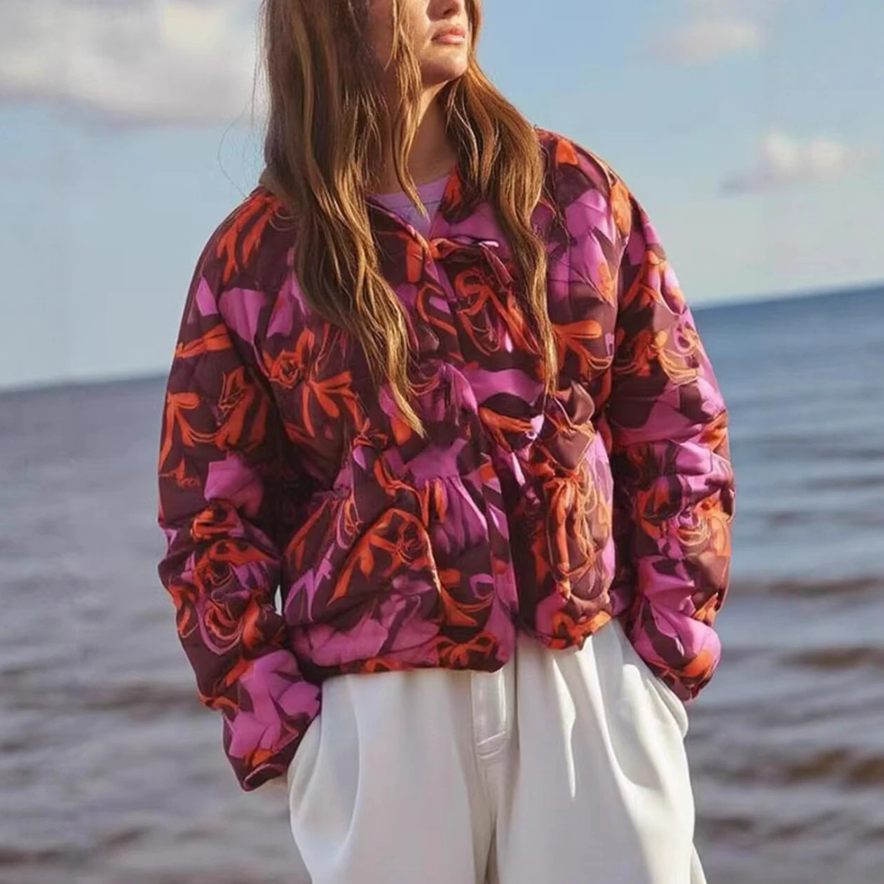 على الوجهين سترة مبطنة بالقطن ربطة القوس فيونكة الدانتيل يصل معاطف عادية الأزهار المطبوعة مبطن السترات النساء الخريف الشتاء معطف دافئ #5