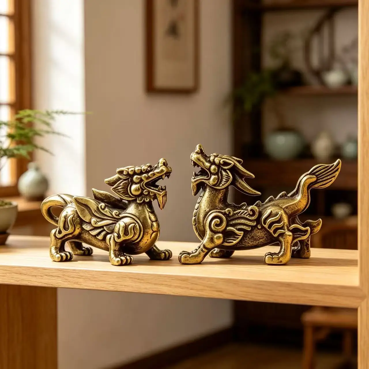 Pair Brass Pixiu Figurines Male Female, Feng Shui Pi Yao Statues Wealth Attraction & Money Protection, Mini Copper Ornament Tea view 3