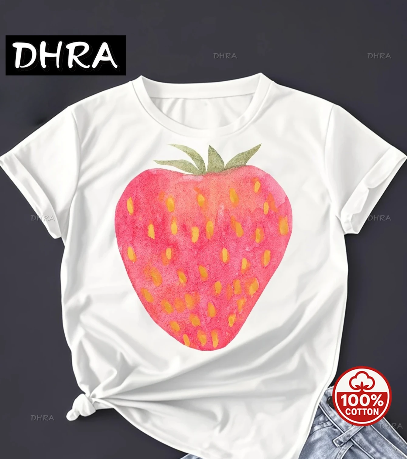 

Watercolor Strawberry Pattern Printed Summer Cute Women's T-shirt Short Sleeve Top Round Neck Casual Summer Fashion Clothing Tee