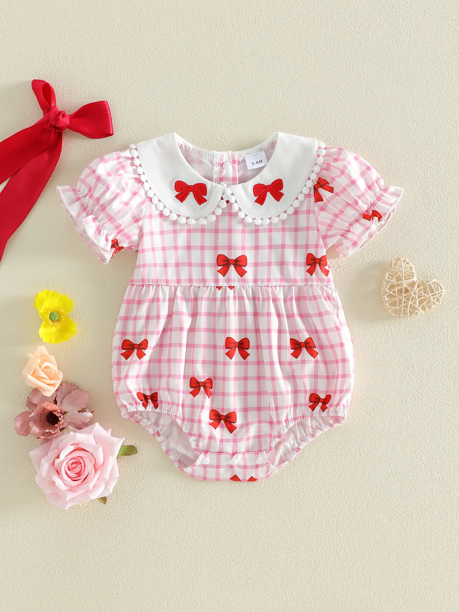 

Комбинезон с цветочным принтом и рюшами на рукавах для маленьких девочек, комбинезон с круглым вырезом и бантом, летний комбинезон-боди