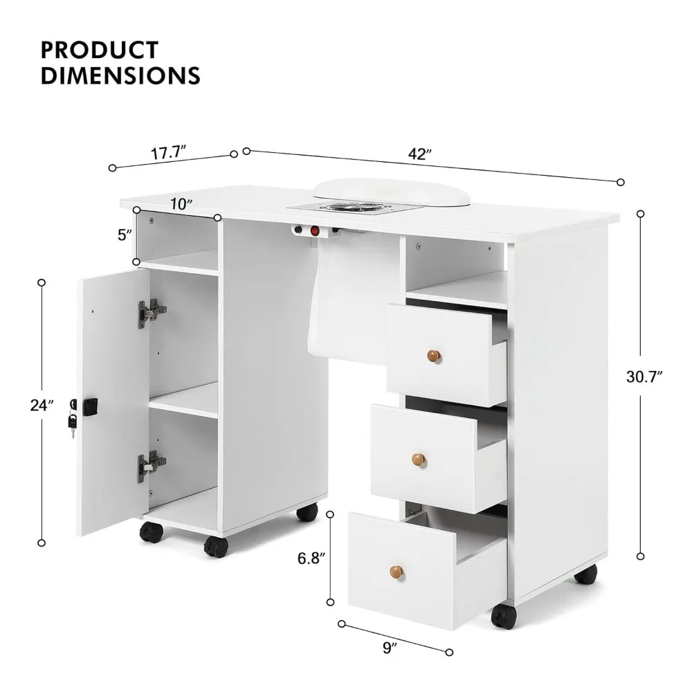 hand Manicure Table, Nail Table, Nail Beauty Manicure Desk, Wrist Cushion, Lockable Wheels, Storage Drawers