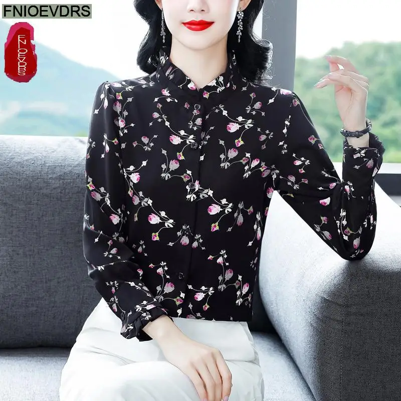 블랙 러플 상의 블라우스, 용수철 슬림 기본 착용, 긴 소매, 레트로 프렌치 디자인, 꽃 프린트, 꽃 셔츠, 2025 신상