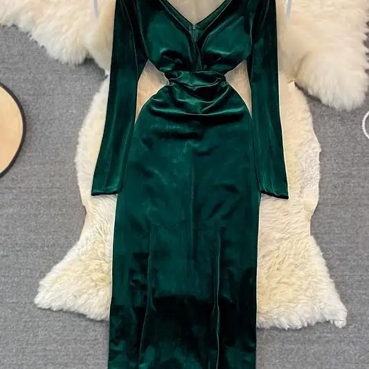 Autumn Winter Green/Black Velvet Long Dress Women Sexy V-Neck High Waist Bodycon Party Vestido Female Slim Maxi Robe New Fashion