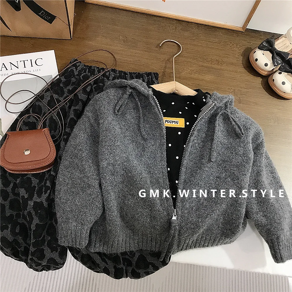 Girls' Spring and Autumn Hooded Sweater Cardigan Children Polka Dot Bottom Shirt Little Girl Leopard Print Casual Pants