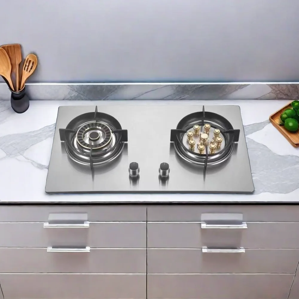 Cuisinière à gaz en acier inoxydable, haute qualité, 2 brûleurs, 9 soutes, couleur argent, nouvelle conception, expiration du verre, classe A, vente en gros