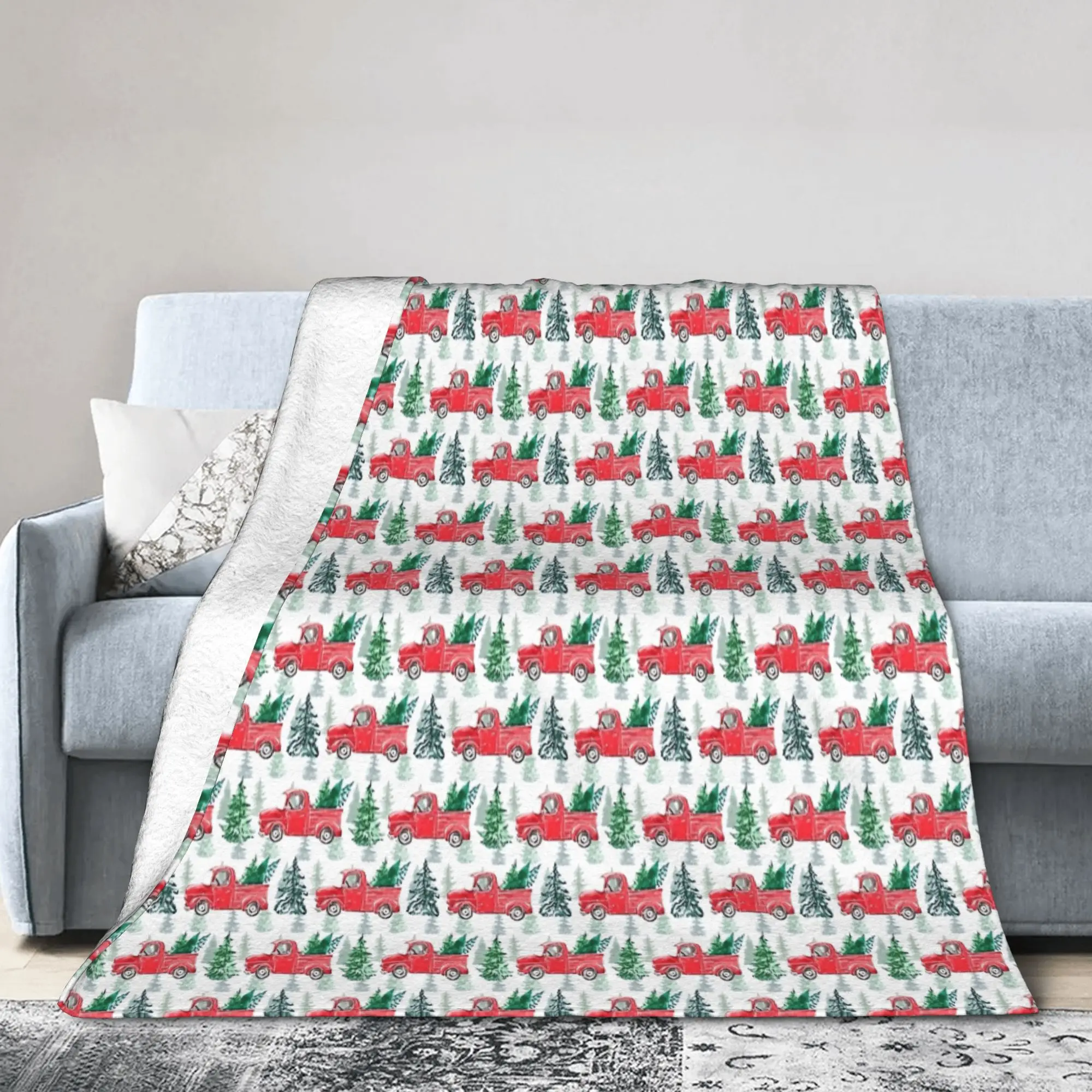 Christmas Red Truck And Pine Trees On White Background Blankets Quality Super Warm Throw Blanket Autumn Travel Novelty Bedspread