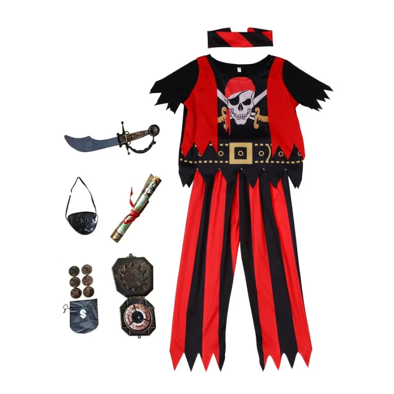 Boys Pirate Skull Costume Printed Striped Pirate Captain Set Halloween Pirate Sword, Drawing, Gold Coin Toy Gift