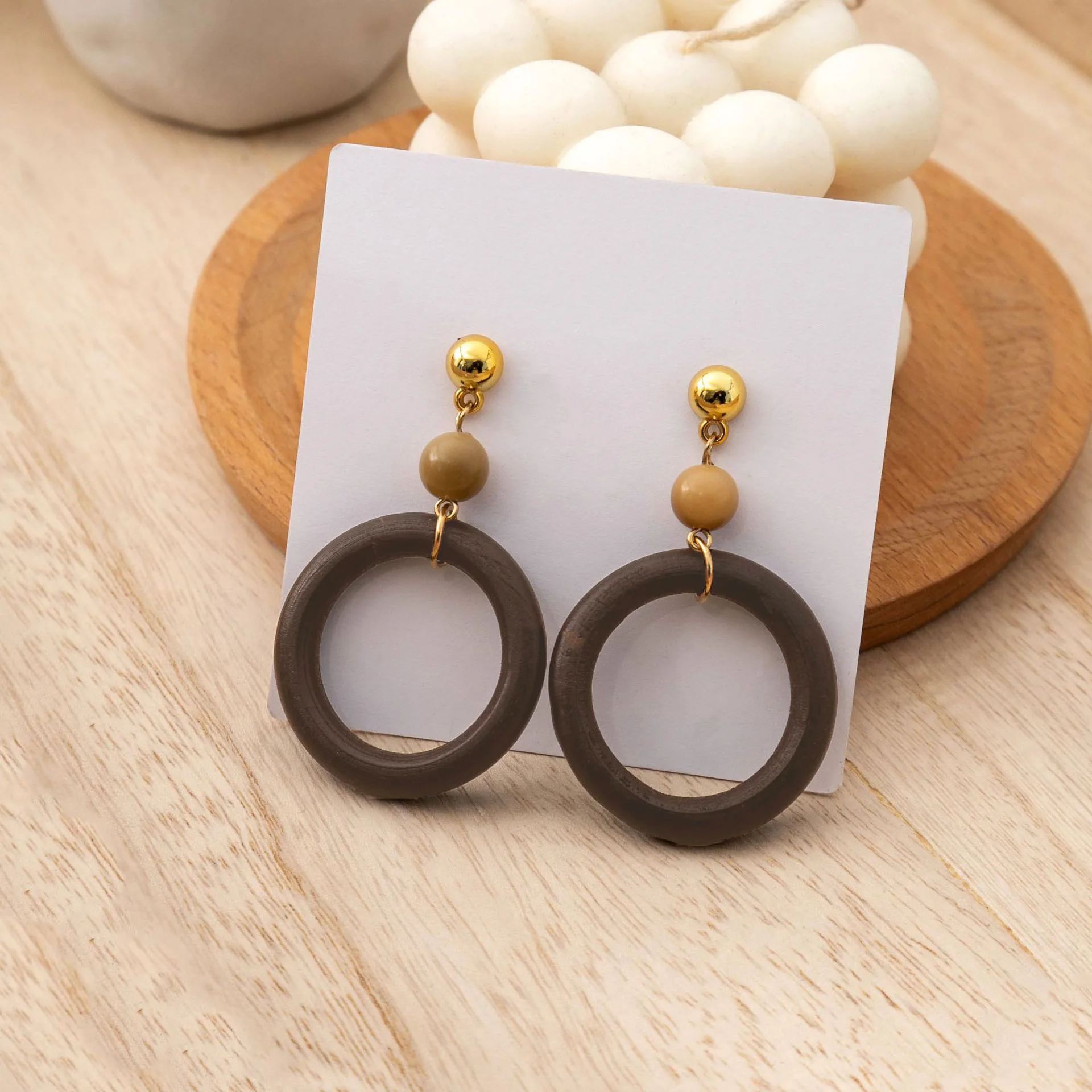 Wooden Earrings Minimalist Round Hollow Geometric Oversized Vintage Lightweight Natural Drop for Women Commute Daily Gift