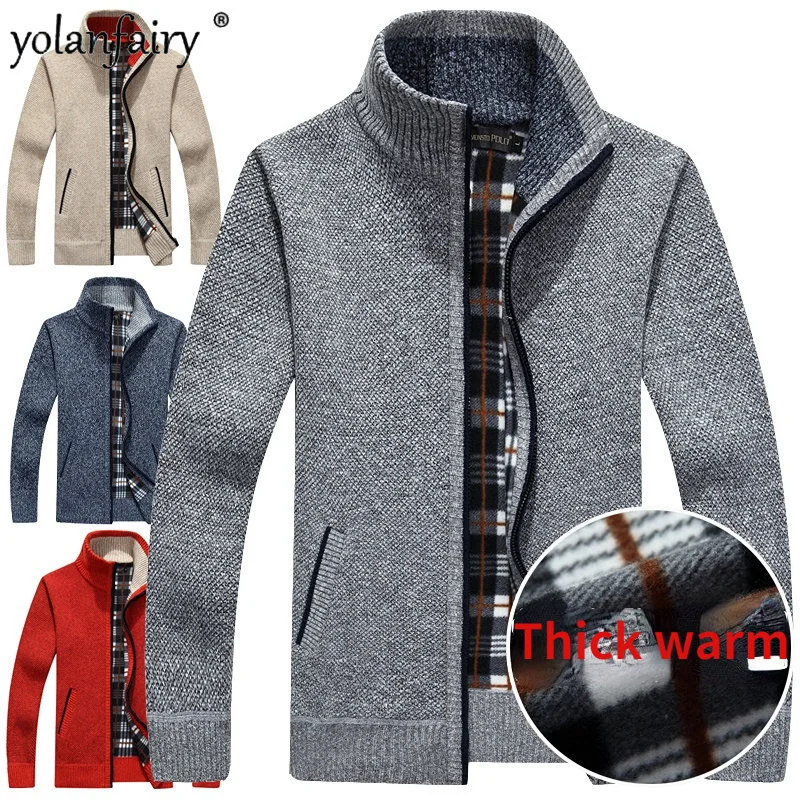 

Autumn Winter Sweaters Men's Cardigan for Men Clothing Male Plush Thick Large Loose Stand Neck Warm Knitted Sweater FCY