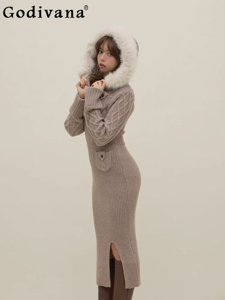 

Японский стиль: милый и сексуальный короткий кардиган с капюшоном и меховым воротником + вязаное платье на бретелях для женщин, новая коллекция весна 2026