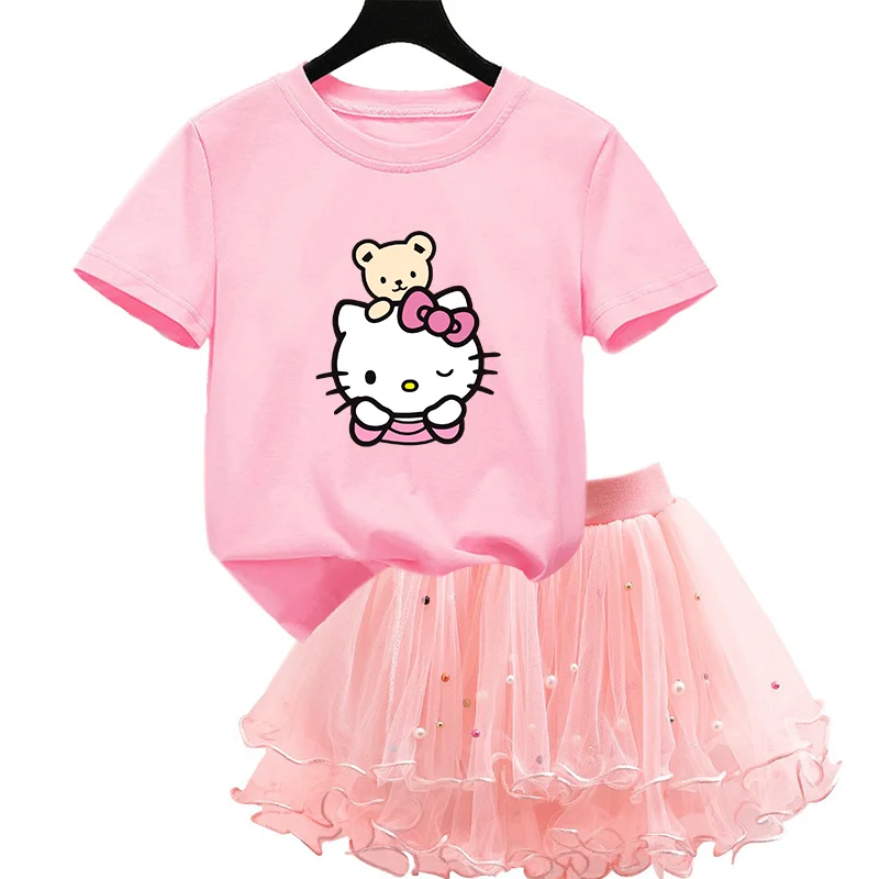 Olá kitty verão meninas roupas dos desenhos animados camiseta e saia tutu roupas de princesa terno crianças conjuntos de roupas de aniversário