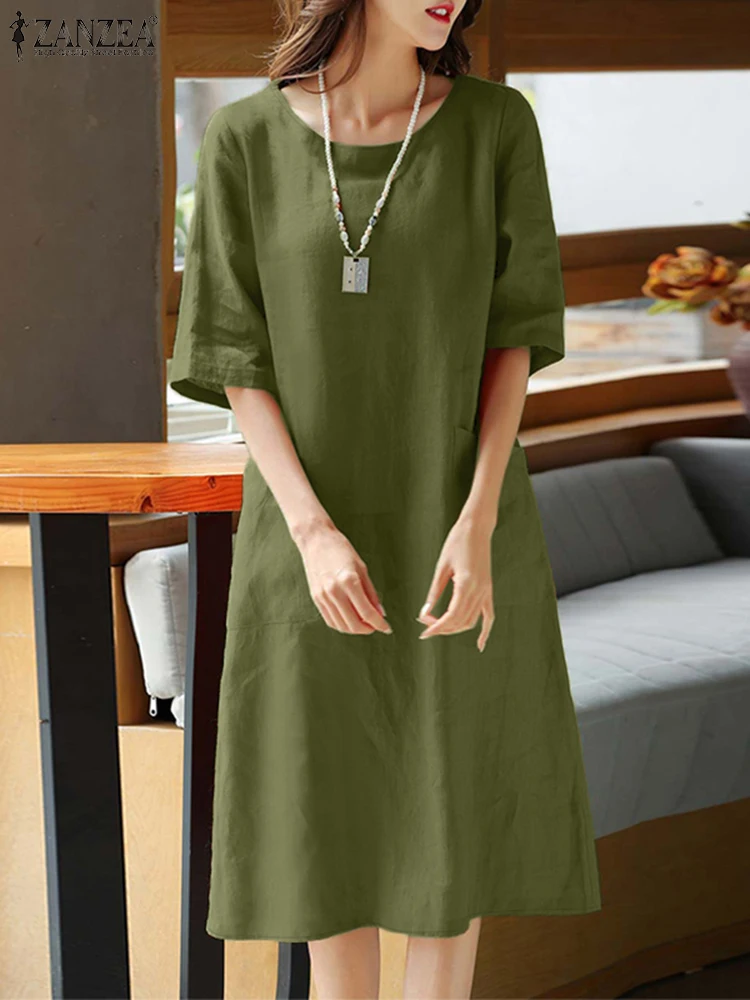 ZANZEA otoño algodón Lino camiseta vestido mujer Casual cuello redondo media manga hasta la rodilla batas mujer uso diario Vestidos sólidos