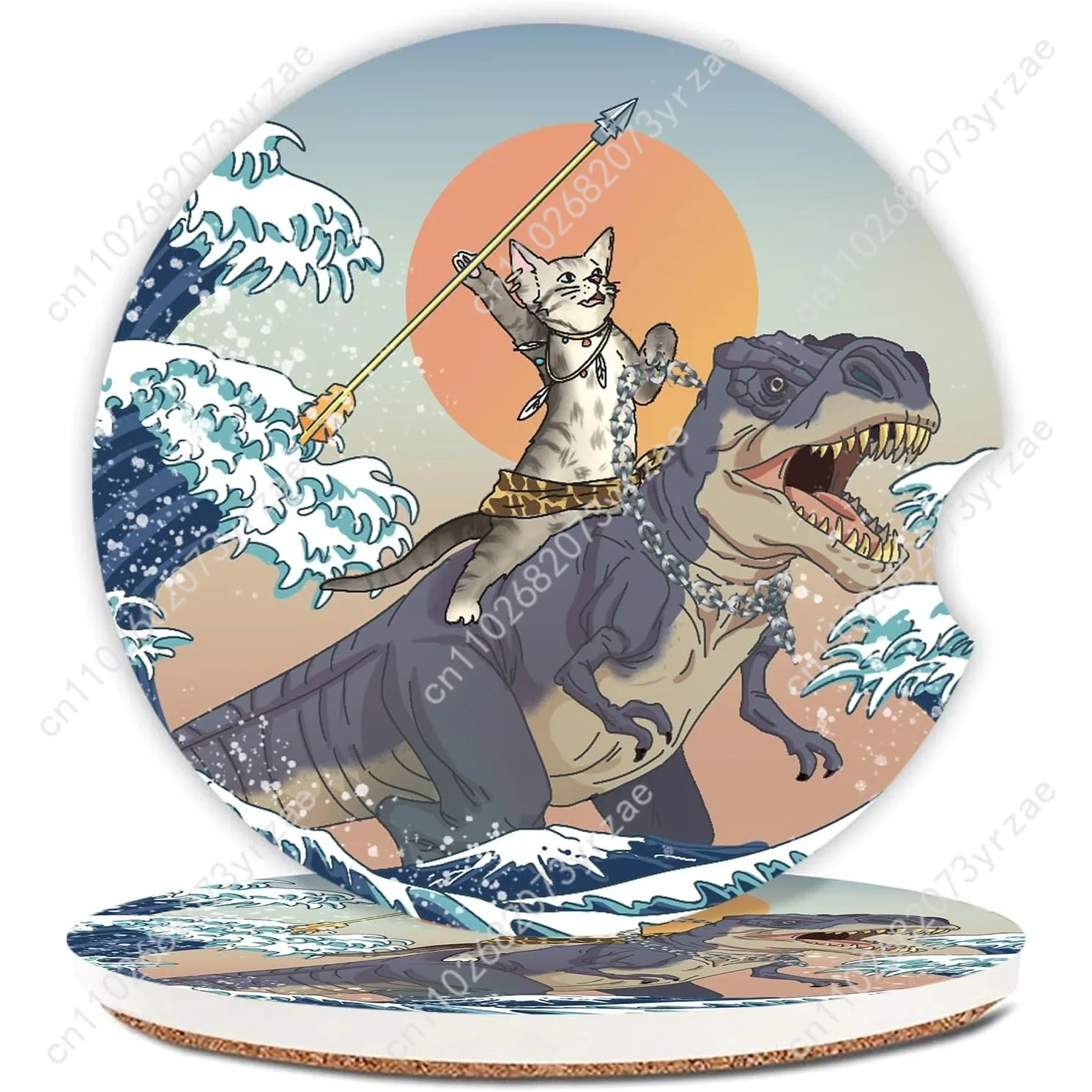

Cat Riding Dinosaur Car Coasters 2pcs Absorbent Anti Slip Car Coasters Scalding Waterproof Easy Clean Car Interior Accessories