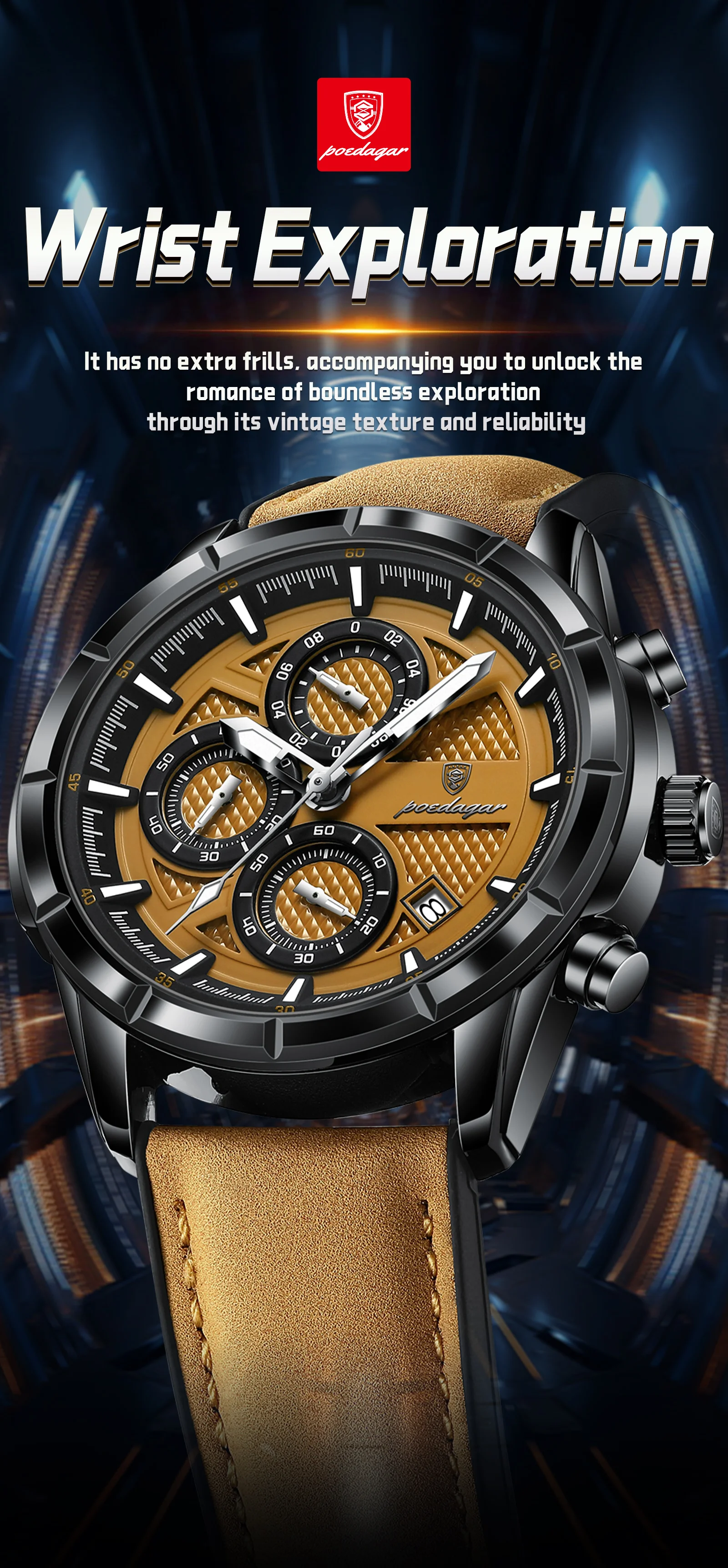 POEDAGAR Top Vintage Herren Armbanduhr Quarz Mode Leder Herrenuhren Datum Chronograph Wasserdicht Leuchtend Business Herrenuhr – Detail 2