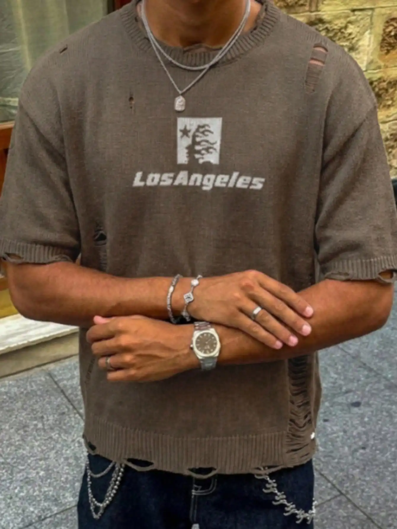 

Spring and Summer Men's and Women's Casual Sports Design Ripped and Distressed High Street Fashion Crew Neck Pullover Knit Short-Sleeve Top