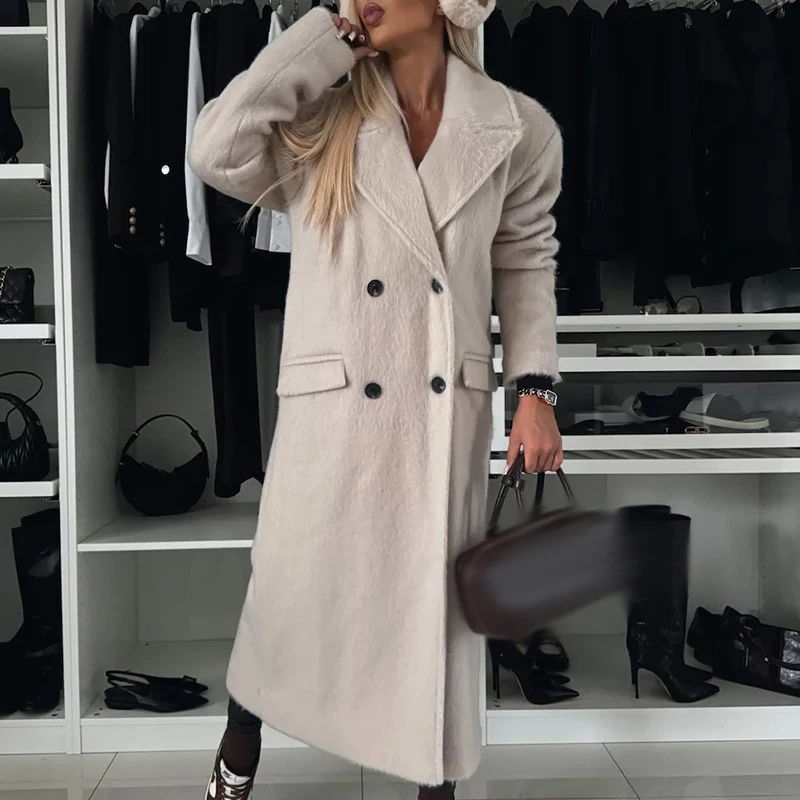 Autumn Fashion Lapel Double Breasted Long Coat Lady Casual Long Sleeve Solid Straight Outwear Winter Elegant Loose Woolen Jacket