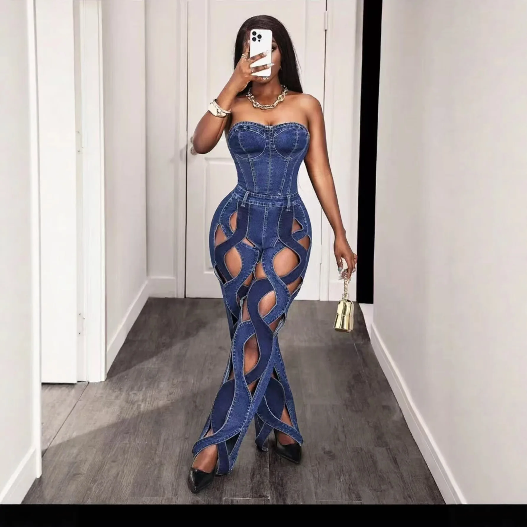 

Summer casual and fashionable strapless straight-leg slim-fit twisted hollow-out denim jumpsuit