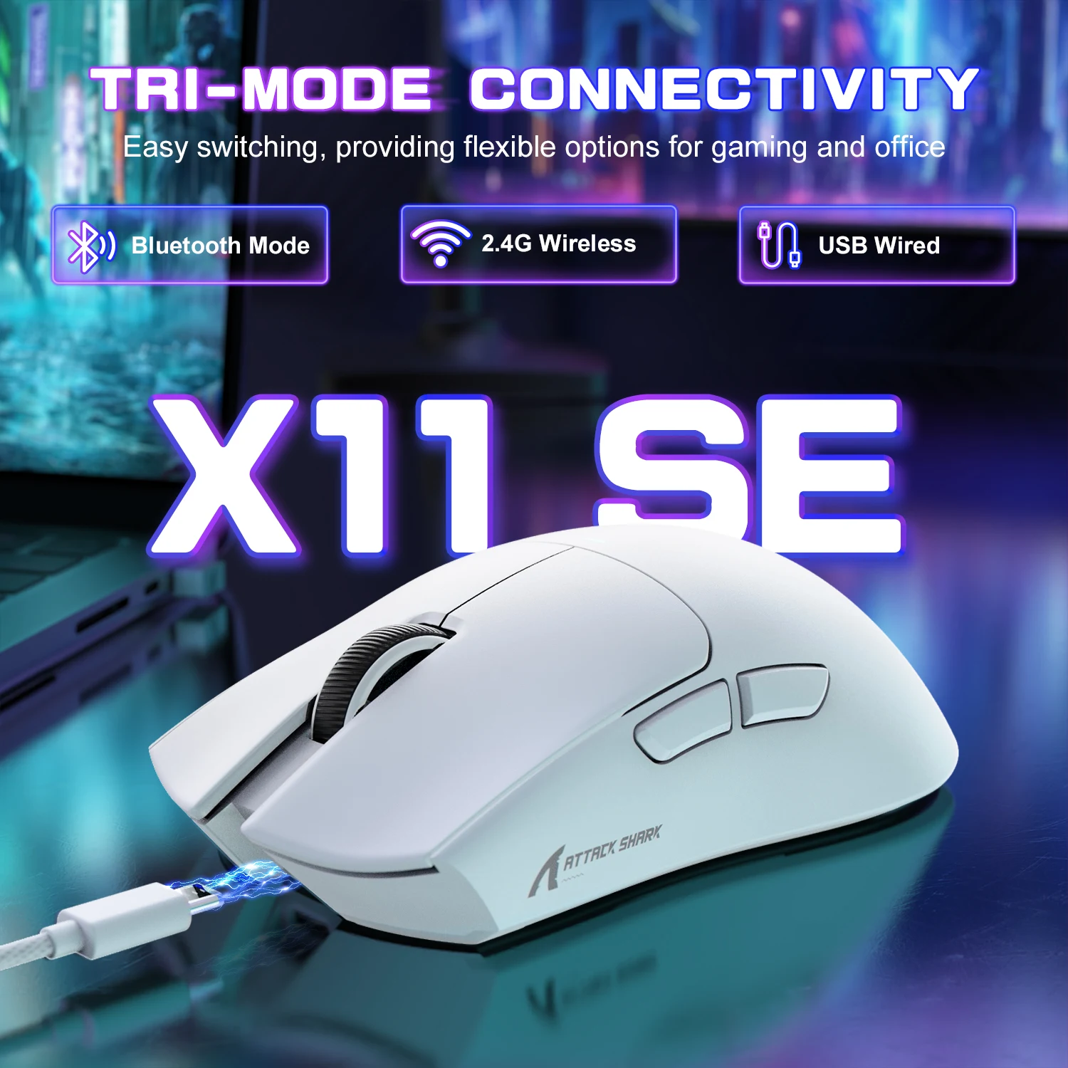 

Легкая беспроводная игровая мышь ATTACK SHARK X11SE, трехрежимная проводная/BT 2,4G/USB-C, 22 тыс. точек на дюйм, оптический датчик PAW3311, 59 г, 5 Prog