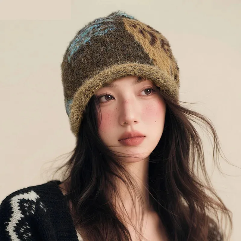 Korean Retro Knitted Stacked Hat Ladies Chic Warm Ear Protection Beanies Women's Fashion Design Printed Female Winter