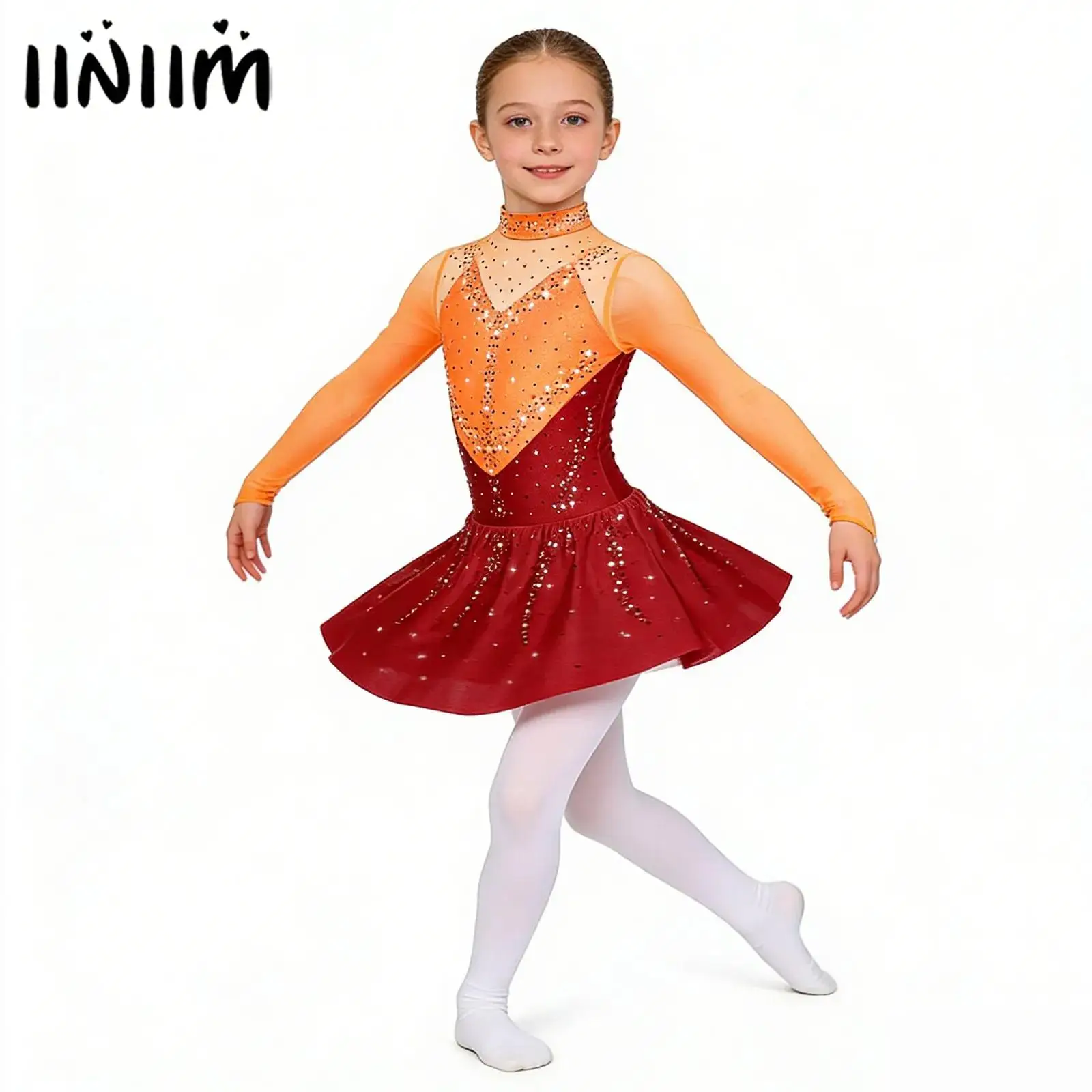 

Kids Girls Sparkling Rhinestone Ballet Jersey Lyrical Dance Dress Sheer Mesh Gymnastics Leotards Artistic Figure Skating Costume