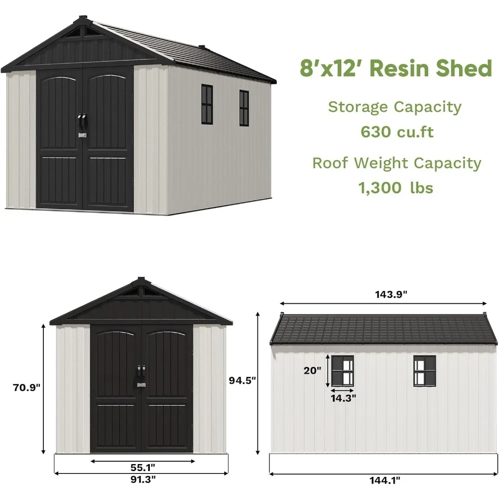 8x12 FT Outdoor Storage Shed with Floor & Window & Lockable Door, Patio Furniture, Backyard Tools & Bicycles, Resin Garden Shed