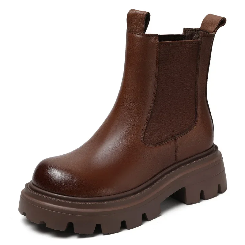 

5.5CM Genuine Leather Mid Calf Boots Women British Retro Style Wide Head Thick High Heel Platform New Winter Warm Chelsea Boots