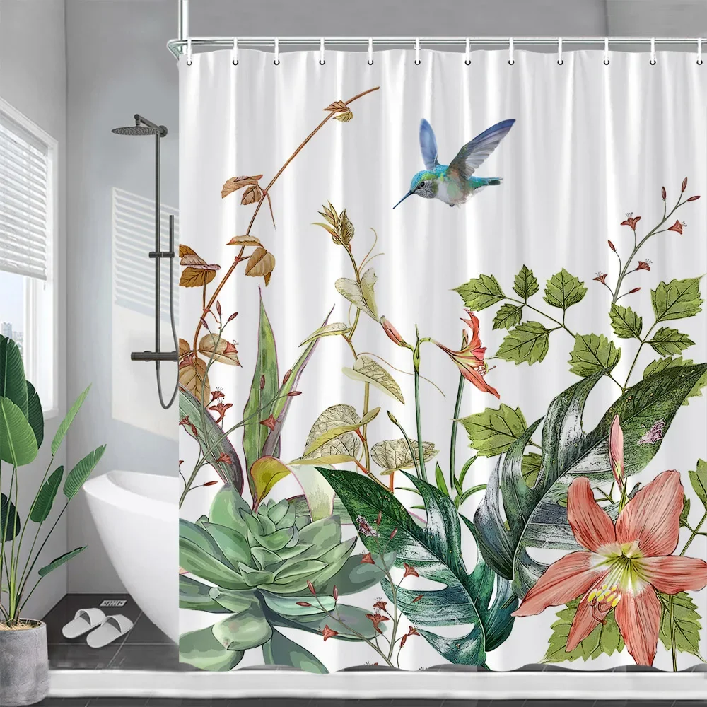 Tropical Plant Shower Curtains Palm Leaf Pink Flowers Hummingbirds Green Leaves Bath Curtain Fabric Bathroom Decor with Hooks